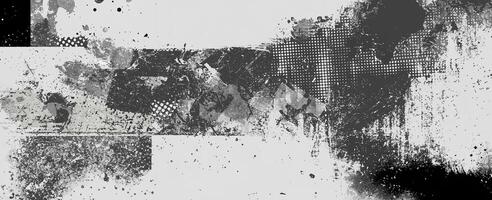 Creative black-and-white texture featuring grunge halftone dots, splatter effects, and abstract patterns, perfect for artistic designs. photo