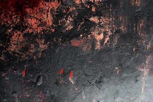 Dark abstract texture with black and red tones, grunge patterns, and a rough artistic effect, ideal for creative designs. photo