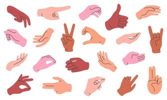 Various hand gestures in a minimalistic style. Hands in diverse skin tones showing gestures like thumbs up, peace sign, and pointing. Perfect for infographics, social media, and design projects. vector
