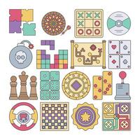 Flat design gaming asset illustration featuring various game elements like puzzles, board games, cards, chess, dice, and arcade controls. Perfect for game-themed designs and projects. vector