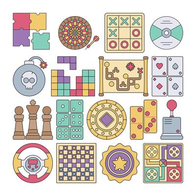 Flat design gaming asset illustration featuring various game elements like puzzles, board games, cards, chess, dice, and arcade controls. Perfect for game-themed designs and projects.