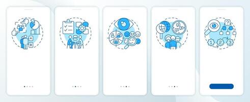 Market research methods blue onboarding mobile app screen. Walkthrough 5 steps editable graphic instructions with linear concepts. UI, UX, GUI template vector