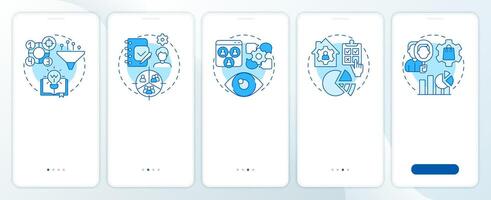 Market research blue onboarding mobile app screen. Walkthrough 5 steps editable graphic instructions with linear concepts. UI, UX, GUI template vector