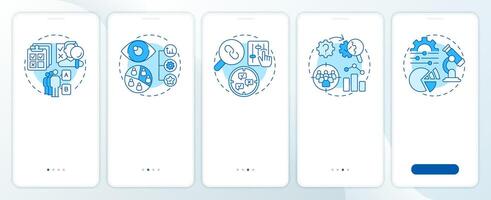 Quantitative research methods blue onboarding mobile app screen. Walkthrough 5 steps editable graphic instructions with linear concepts. UI, UX, GUI template vector