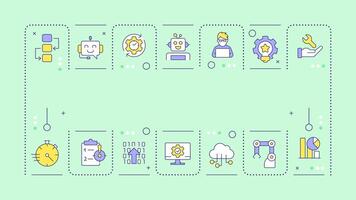 Robotic process automation light green word concept. Using bots for tasks optimization. Typography banner. Illustrationwith title text, editable icons color vector