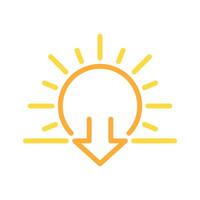 Sunset two color line icon. Sun and downward arrow symbol. Evening time. Dusk. Transition from day to night bicolor outline symbol. Duotone linear pictogram. Isolated illustration. Editable stroke vector