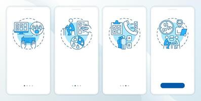 Research survey types blue onboarding mobile app screen. Walkthrough 5 steps editable graphic instructions with linear concepts. UI, UX, GUI template vector