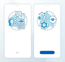 Main market research types blue onboarding mobile app screen. Walkthrough 2 steps editable graphic instructions with linear concepts. UI, UX, GUI template vector