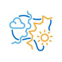 Weather fronts two color line icon. Changing weather conditions. Meteorology. Sun, cloud and dynamic lines bicolor outline symbol. Duotone linear pictogram. Isolated illustration. Editable stroke vector