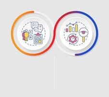 Different market research types infographics circles sequence. Statistics, feedback. Visualization layout with 2 steps. Info chart loop process presentation vector