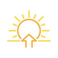 Sunrise two color line icon. Sun and upward arrow symbol. Morning time. Dawn. Transition from night to day bicolor outline symbol. Duotone linear pictogram. Isolated illustration. Editable stroke vector