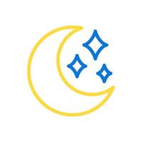 Moon two color line icon. Crescent moon accompanied by sparkling stars. Symbol of nighttime and calmness bicolor outline symbol. Duotone linear pictogram. Isolated illustration. Editable stroke vector