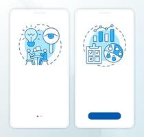 Different research types blue onboarding mobile app screen. Walkthrough 2 steps editable graphic instructions with linear concepts. UI, UX, GUI template vector