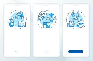 Approaches to education blue onboarding mobile app screen. School walkthrough 3 steps editable graphic instructions with linear concepts. UI, UX, GUI template vector