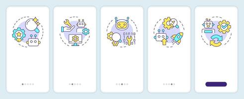 RPA implementation onboarding mobile app screen. Innovations walkthrough 5 steps editable graphic instructions with linear concepts. UI, UX, GUI template vector