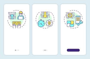 App development approaches onboarding mobile app screen. RPA walkthrough 3 steps editable graphic instructions with linear concepts. UI, UX, GUI template vector