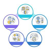 Quantitative research methodologies infographic circles flowchart. Target audience, analytics. Visualization diagram with 5 steps. Circular info graphic editable vector