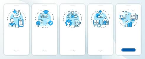IEP process blue onboarding mobile app screen. Education plan walkthrough 5 steps editable graphic instructions with linear concepts. UI, UX, GUI template vector