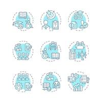 Special education soft blue concept icons. Inclusive classes for students in school. Integrative learning programs. Icon pack. Round shape illustrations for articles. Abstract idea vector