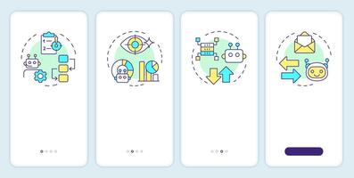 Criteria for RPA onboarding mobile app screen. Automation walkthrough 4 steps editable graphic instructions with linear concepts. UI, UX, GUI template vector