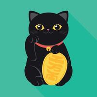 Black Maneki neko cat icon with a raised right paw. Japanese lucky cat flat cartoon illustration. Symbol of wealth and luck vector