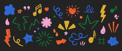 Set of emphasis symbols hand drawn with charcoal or crayon. Grunge emo doodle elements on a black background. vector