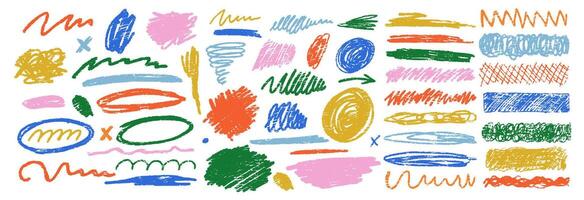 Scribble charcoal strokes set with crayon or pastel texture. Charcoal pencil curly lines and squiggles, swirls and spirals. Colorful illustration on a white background. vector