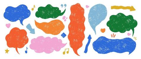 Set of speech bubbles drawn with charcoal or crayon. Hand drawn illustration of text box or balloon. vector