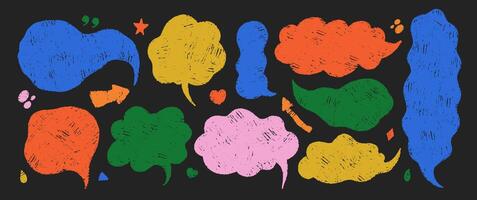 Set of text boxes and speech bubbles with crayon or chalk texture. Retro illustration on a black background. vector