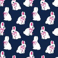 Easter seamless pattern with cute white rabbits in pink bows on a dark blue background. Repeating print for fabric, wrapping paper, textile, wallpaper vector