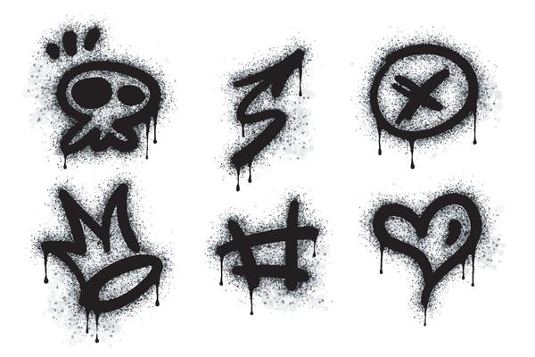 Collection of graffiti image symbols. Spray painted graffiti pattern with question marks, arrows, crowns, stars, skulls, fences and fists. Spray paint element. Street art style illustration