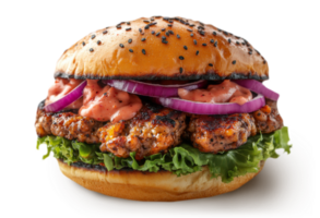 This appetizing burger features juicy grilled patties, crunchy lettuce, and fresh onions, all topped with a rich special sauce. Perfect for any meal or snack occasion. png