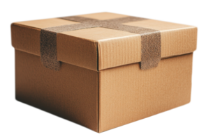 A sturdy brown cardboard box secured with tape, ideal for shipping or storage. The box features a clean design, perfect for various organizational needs, and has a textured surface for easy handling. png