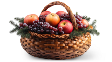 A woven basket filled with ripe apples and clusters of grapes rests among decorative greenery. This vibrant assortment showcases the natural beauty of fresh produce, perfect for various uses. png