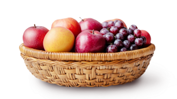 A woven basket filled with colorful apples and clusters of dark grapes sits isolated against a transparent background, showcasing the fresh and vibrant produce ready for consumption. png