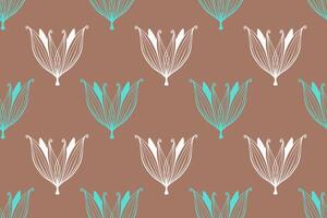 Pattern contour flowers hand drawn doodle white and blue-green color on mocha mousse background. vector