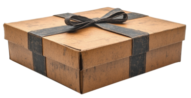A wrapped gift box made of brown kraft paper features a black ribbon elegantly tied on top. This cutout illustration is suitable for various occasions like birthdays and holidays. png