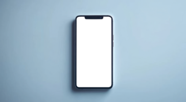 A black smartphone is positioned centrally against a light blue surface. The screen is empty and transparent, making it ideal for custom graphics or apps. The device showcases a modern design. png