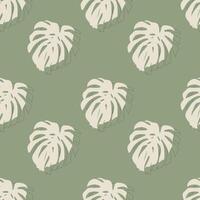 Pattern of Monstera leaves in beige color and leaf outline, textile soft green pastel background. vector