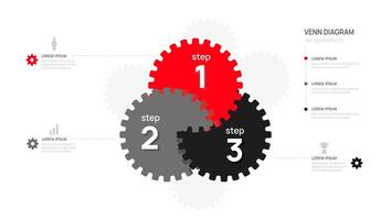 Infographic gear Venn diagram chart template for business 3 steps, illustration. vector