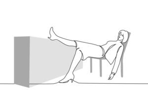 woman in suit and office skirt put her leg on table and sprawled on office chair - one line art . concept burnout, lazy person, procrastination vector
