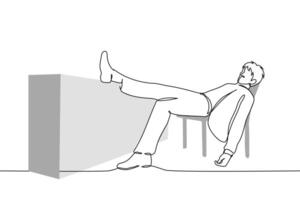 man in suit puts leg on table and slouches on office chair - one line art . concept burnout, lazy, procrastination vector