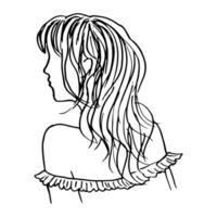 girl with long wavy hair in profile view from the back, portrait without a face - hand drawn line art vector