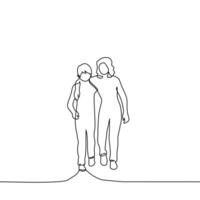 boy and older girl walking hugging shoulders - one line art . concept older sister and brother are friendly and help each other vector