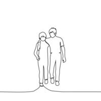boy and older boy walking hugging shoulders - one line art . concept older brother and younger brother are friends and help each other vector