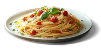 A flavorful serving of spaghetti topped with fresh cherry tomatoes, basil leaves, and grated cheese sits on a round white plate. The dish is garnished with herbs for added freshness. png
