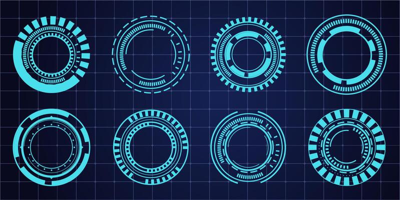 Hud aim pointer optical target, Futuristic focus range indicators, laser crosshair collimator sight. Measurement sniper for sniper gun. Game interface design ui element