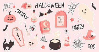 Halloween stickers set on pink background. Cute decor of magical elements in a simple style. For scrapbooking, greeting card, party invitation vector