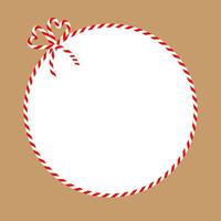 Square craft brown background with candy cane ribbon. Christmas packing string for decoration and present. Round vector