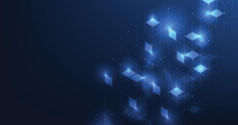 Abstract square background with lines and dots on a blue background.